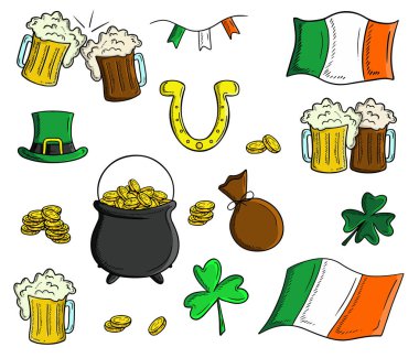 Colored collection of realistic Saint PAtrick's day elements: green clover, Ireland flag, string with flags, bag with money, golden coins. Mugs of beer, horseshoe, cauldron vector sketch illustration