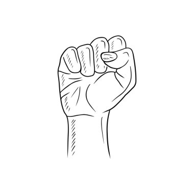Hand fist as a symbol of fight, protest. February 4th - world cancer day, awareness, treatment, protection, message. Hand drawn vector sketch illustration in doodle engraved vintage outline style