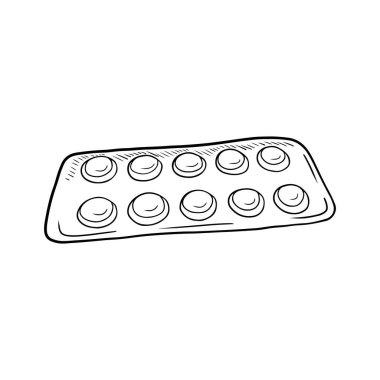 Uyuşturuculu gerçekçi haplar, beyaz arka planda siyah renkli iki boş delik. El çizimi vektör çizimi çizimi basit ana hatlı oyma stili. Ağrı kesici.,