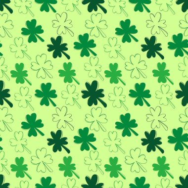 Seamless pattern with green clover isolated on salad background. Hand drawn vector silhouette sketch illustration in doodle engraved vintage outline style. St. Patrick's day, lucky, botanical, plant