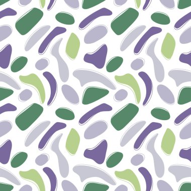 Seamless pattern with abstract minimalist modern style figures in violet, green, salad, purple, lilac colors on white background. Cold modern trendy style palette, spring, spots, line. Scandinavian
