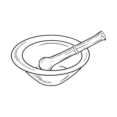Realistic metal pounder mortar in clay ceramic bowl for poppy seed spices grinding. Hand drawn vector sketch illustration engraving doodle outline vintage line art style. Cuisine cooking preparation