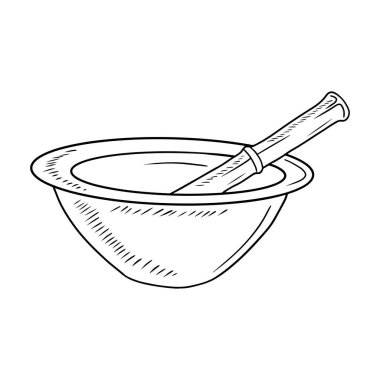 Realistic metal pounder mortar and pestle bowl for poppy seed spices grinding. Hand drawn vector sketch illustration engraving doodle outline vintage line art style. Cuisine cooking preparation