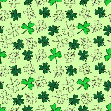 Seamless pattern with green clover isolated on green background. Hand drawn vector silhouette sketch illustration in doodle engraved vintage outline style. St. Patrick's day, lucky, botanical, plant