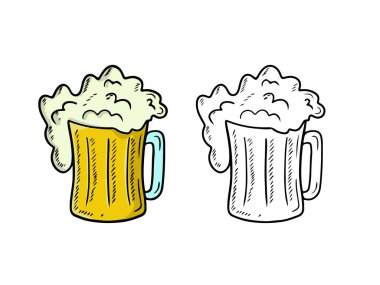 Glass mug with light beer and big foam in black isolated on white background. Hand drawn vector sketch illustration in doodle engraved vintage outline style. Alcohol, beverage, cider, celebration, bar