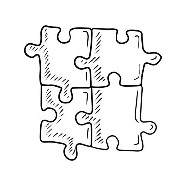 Four jigsaw puzzle on white background. Hand drawn vector sketch illustration in engraving doodle outline vintage line art style. children autism awareness day, team building, task, solution