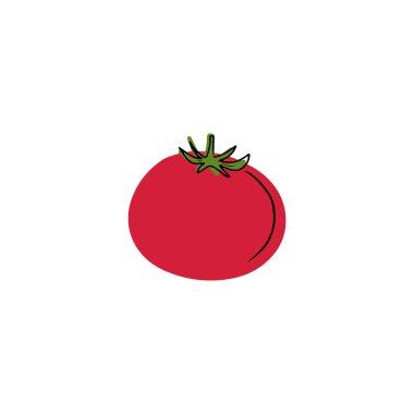 Fresh ripe red flat cartoon tomato with bllack lines isolated on white background. Hand drawn vector illustration in doodle simple trendy style. Juice, menu, ingredient, vegan, healthy nutrition
