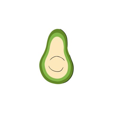 Half of avocado flat drawing with black lines isolated onwhite background. Hand drawn vector illustration in doodle cartoon. Concept of healthy lifestile, proper nutrition, menu, label, logo, icon