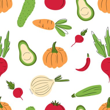 Seamless pattern with fresh vegetables pumpkin, carrot, avocado, beet, onion, courgette, radish, cucucmber, tomato on white background. Hand drawn vector flat cartoon illustration, cooking