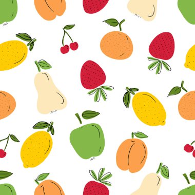 Seamless pattern with tasty fresh fruits: cherry, apple, strawberry, lemon, apricot with black line on white background. HAnd drawn vector flat cartoon doodle illustrations. Kitchen, textile, texture