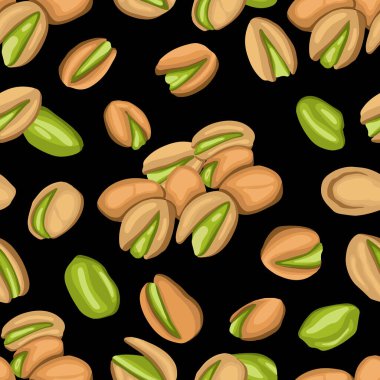 Seamless pattern with colored flat realistic pistachios nuts on black background. Salty delicious organic food nutshells, peeled. Food package, wallpapers, polygraphy, textile traditional snack