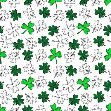 Seamless pattern with green clover isolated on white background. Hand drawn vector silhouette sketch illustration in doodle engraved vintage outline style. St. Patrick's day, lucky, botanical, plant