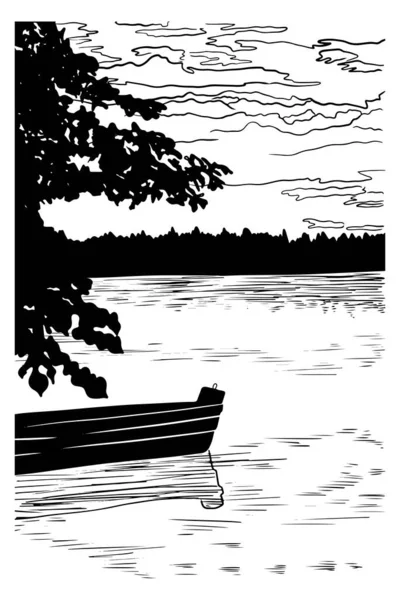Realistic landscape with river lake boat, trees, forest in black isolated on white background. Hand drawn vector sketch illustration in doodle simple outline vintage engraved style. Wall art, poster