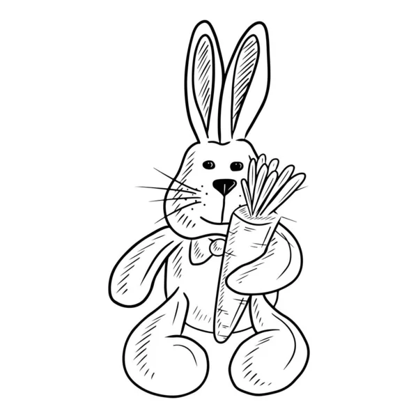 Реалистичный Игрушечный Кролик Держащий Свежую Морковку Галстуком Белом Фоне Ручной — стоковый вектор