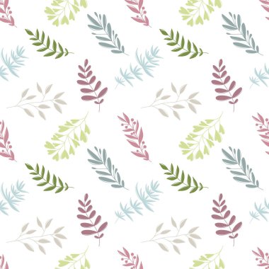 Kusursuz desenli, modaya uygun vahşi dalları ve pastel renkli yaprakları olan mor, mor, salata, beyaz arka planda mavi. El çizimi vektör silueti çizimi. Botanik, moda, çiçekçilik