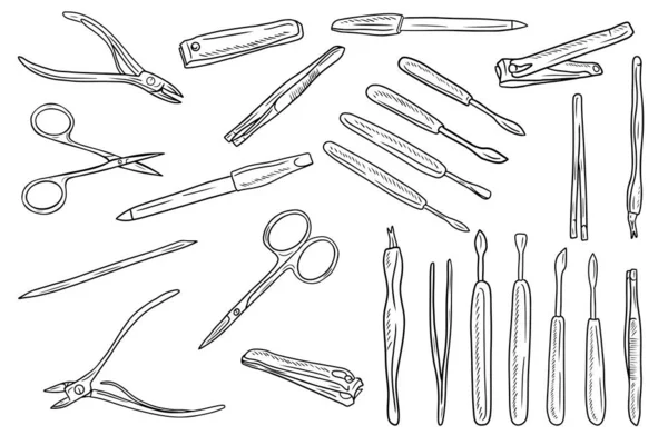 Realistic Manicure Equipment Instruments Set Hand Drawn Vector Sketch Illustration — 图库矢量图片