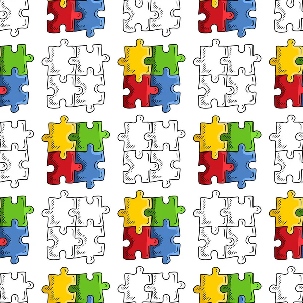 Seamless Pattern Four Jigsaw Puzzle White Background Hand Drawn Vector — Stok Vektör