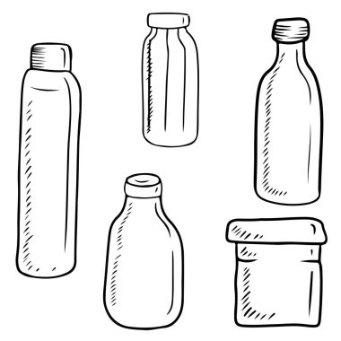 Farklı plastik kullan-at çevre dostu geri dönüşümlü şişeler ve kapakları beyaz arka planda izole kavanozlar. El çizimi vektör çizimi çizimi çizimi çizilmiş klasik taslak biçimi