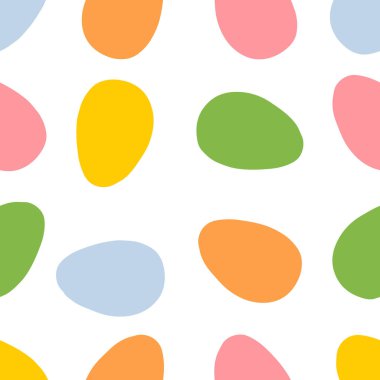 Seamless pattern with pastel colored easter eggs on white background. Hand drawn vector flat cartoon illustration of the spring symbols. Holiday, celebration, textile, print, template