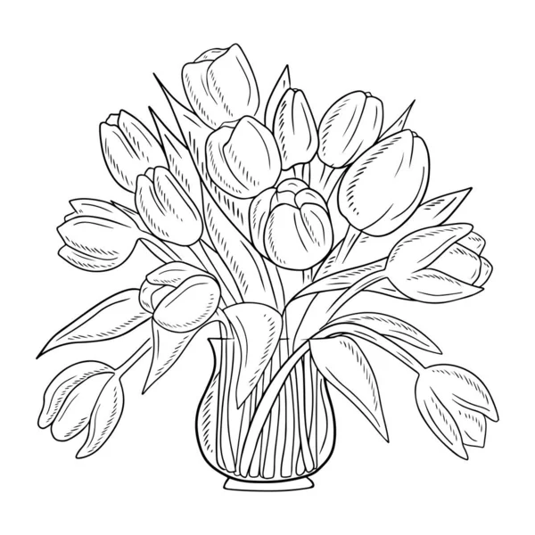 白い背景に隔離されたガラス花瓶にチューリップの花と美しい花束 手描きベクトルスケッチ図ヴィンテージ刻まれたスタイルで 幸せな誕生日 贈り物 ロマンチックな — ストックベクタ