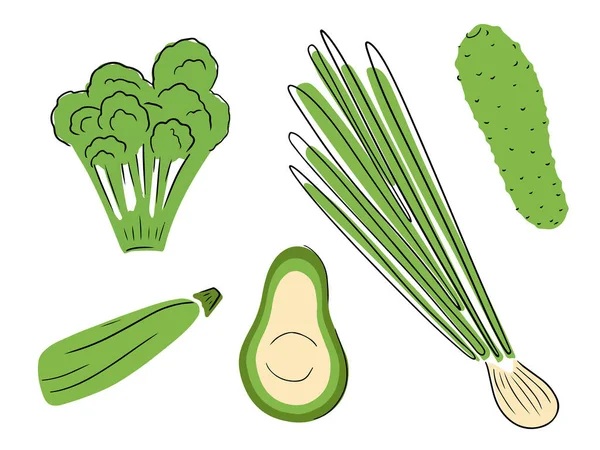 收集一系列绿色蔬菜与线条 西兰花分离的白色背景 以卡通涂鸦风格手工绘制的矢量草图 — 图库矢量图片