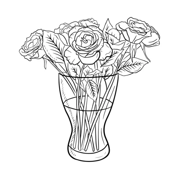 白を基調とした黒の中にバラの花の花束と美しい現実的なガラスの花瓶 ドアに刻まれたヴィンテージスタイルで手描きベクトルスケッチイラスト ロマンス 贈り物 美しさ — ストックベクタ