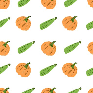 Lezzetli taze turuncu balkabağı ve yeşil kabaklı kusursuz desen. Basit vektör el çizimi çizimi düz karalama tarzında. Paketleme kavramı, ürünler, eko, sağlıklı