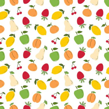 Seamless pattern with tasty fresh fruits: cherry, apple, strawberry, lemon, apricot with black line on white background. HAnd drawn vector flat cartoon doodle illustrations. Kitchen, textile, texture