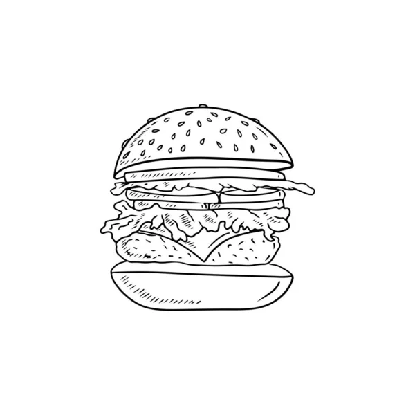 Вкусный Большой Бургер Булочкой Кунжута Сыром Салатом Свининой Говядиной Отбивной — стоковый вектор