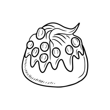 Çikolata kaplı lezzetli İtalyan romlu pastası ve beyaz arka planda izole edilmiş damlalar. El çizimi vektör çizimi basit oymalı çizim. İtalyan mutfağı, hamur işi, fırın kafe konsepti