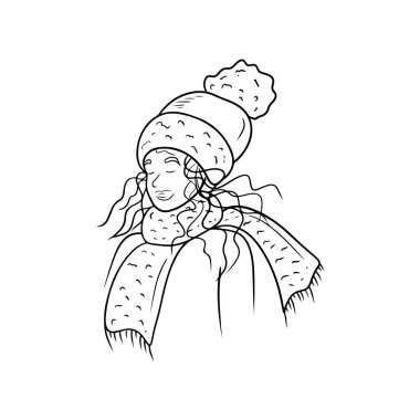 Beyaz arka planda siyah kıvırcık saçlı, sıcak şapka ve atkıyla güzel basit kız çizimi. El çizimi vektör çizimi çizimi, karalama klasik oyma stiliyle. Kış Noeli