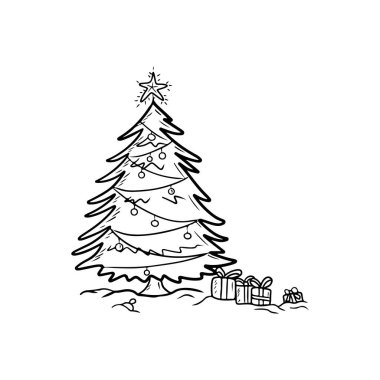 Üzerinde yıldız olan çizgi film Noel ağacı ve beyaz arka planda siyah renkte sunulan ışıklar. Elle çizilmiş vektör çizimi, karalama vintage oymalı. Mutlu Noeller, mutlu yıllar.
