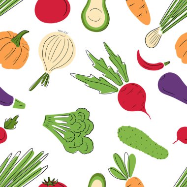 Taze sebzeli, balkabağı, havuç, avokado, pancar, soğan, kabak, turp, salatalık, beyaz arka planda domates. El çizimi vektör düz çizgi film çizimi, yemek pişirme