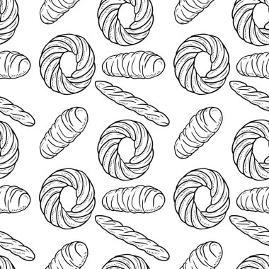 Ekmek ve halka şeklinde hamur işi çöreğiyle kusursuz bir desen. El çizimi vektör çizimi çizimi çizimi karalama kabartmalı taslak çizim sanat tarzı. Paket kağıdı, hediye, kafe, menü