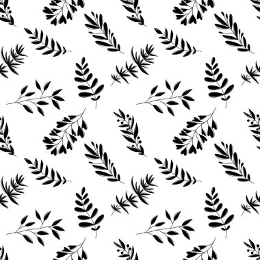 Kusursuz desenli, modaya uygun vahşi dalları ve beyaz arka planda siyah yaprakları var. El çizimi vektör çizimi siluet çizimi. Karalama oymalı vintage tarzında. Botanik, moda
