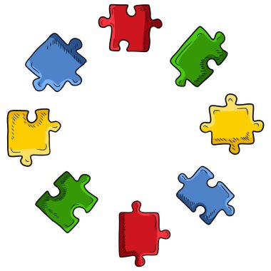 Beyaz arka planda izole edilmiş yapbozlardan yapılmış sevimli renkli parlak yuvarlak çerçeve. Kırmızı, yeşil, sarı, mavi. Çizgi film vektörü çizimleri elle çizilmiş karalama çizimleri. Otizm, çocukluk.