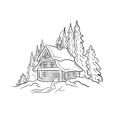 Karpat dağlarında, çam ağaçları ve kar yığınlarıyla güzel bir kışlık ev. Wild Forster 'ın kayak merkezinin yanındaki sihirli evi. El çizimi vektör çizimi çizimi karalama vintage oymalı