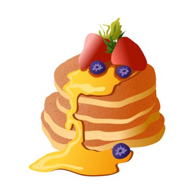 Taze çilekli leziz krepler, beyaz üzerine izole edilmiş bal ve akçaağaç şurubuyla yaban mersini. Çizgi film düz gerçekçi bir şekilde elle çizilmiş vektör çizimi. Kahvaltı, menü, kafe