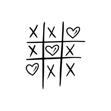 Tic-tac-toe oyunu haç, kalp ve aşk ile oynanır ve beyaz arka planda izole siyah içinde kazanır. El çizimi vektör çizimi çizimi, karalama klasik oymalı taslak, çizgi sanatı tarzı. Velentine.