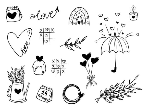 Set of Valentines day concept drawings - rainbow with hearts, calendar, 14th February, candle, continuous line heart, kettle with flowers, abstract branch with leaves, tic-tac-toe, umbrella rain