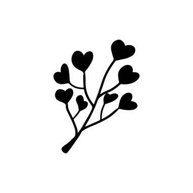 Soyut kalp şeklindeki yaprakların silüet çizimi beyaz arka planda siyah izole edilmiş. Karalama çizgisi sanat tarzında el çizimi vektör çizimi çizimi. Aşk konsepti, Sevgililer Günü