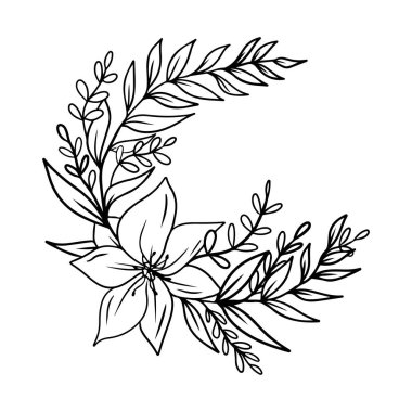 Beyaz arka planda siyah yapraklı ve çiçekli güzel botanik gelin çelengi. El çizimi vektör çizimi çizimi, karalama klasik oymalı taslak, çizgi sanatı tarzı. Düğün.