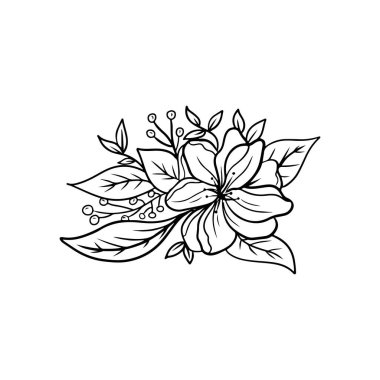 Dallı, yapraklı, beyaz arka planda siyah böğürtlenli gerçekçi bir çiçek tasarımı. El çizimi vektör çizimi çizimi, karalama klasik oymalı çizgi sanatı. Düğün, doğum günü