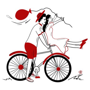 Hasır şapkalı adam, önünde oturan ve elinde kırmızı balonla havada uçan bir kızla bisiklete biniyor. El çizimi vektör çizimi çizimi. Mutlu çift, akrabalar.