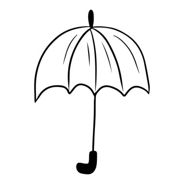 Basit bir şekilde, beyaz arka planda izole edilmiş siyah renkte, düz poe şemsiyesi çizimi. Yağmur koruması, doğum kontrolü kavramı, güneş yanıkları. El çizimi vektör çizimi, karalama çizimi, klasik oyma.