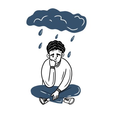 Kıvırcık saçlı çocuk yağmur damlalarıyla bulutların altında kötü bir ruh halinde oturuyor. Depresyon, psikoloji, terapi, otizm, yalnızlık kavramı. El çizimi vektör çizimi çizimi