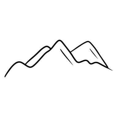 Beyaz arka planda siyah renkte basit bir dağ çizimi. El çizimi vektör çizimi, klasik oymalı çizim. Özgürlük kavramı, tırmanma, seyahat ve turizm, kayak