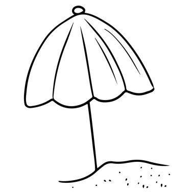 Yaz plajı şemsiyesi beyaz arka planda, siyah kumsalda duruyor. El çizimi vektör çizimi, klasik oymalı çizim. Güneş banyosu, bronzlaşma, yaz tatili, seyahat