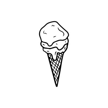 Waffle külahında leziz bir dondurma külahı ve beyaz üzerine siyah kepçeyle izole edilmiş üç top. El çizimi vektör çizimi çizimi, karalama yapılmış vintage tarzında. Çocuklar yaz şekeri, meyve, şerbet