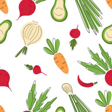 Havuç, avokado, soğan, turp, biber, yeşil turuncu ve beyaz arka planda kırmızı pancar gibi sağlıklı sebzelerle kusursuz bir desen. El çizimi vektör çizimi düz çizimler